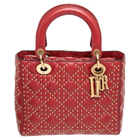 2017 Red Leather Studded Lady Dior Tote .